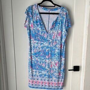 Blue and Pink Sailboat Print T Shirt Dress